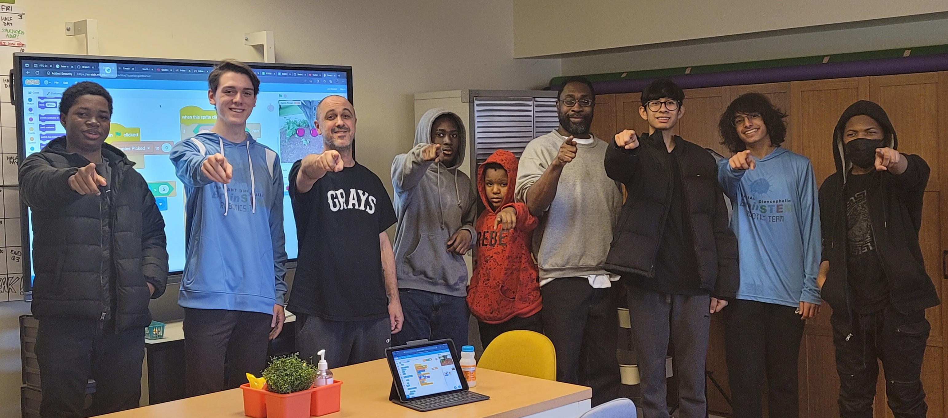 Students pointing at the camera